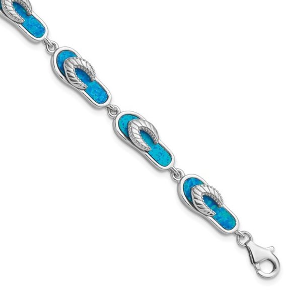 Silver created blue opal Flip Flop Bracelet - Picture 1 of 3